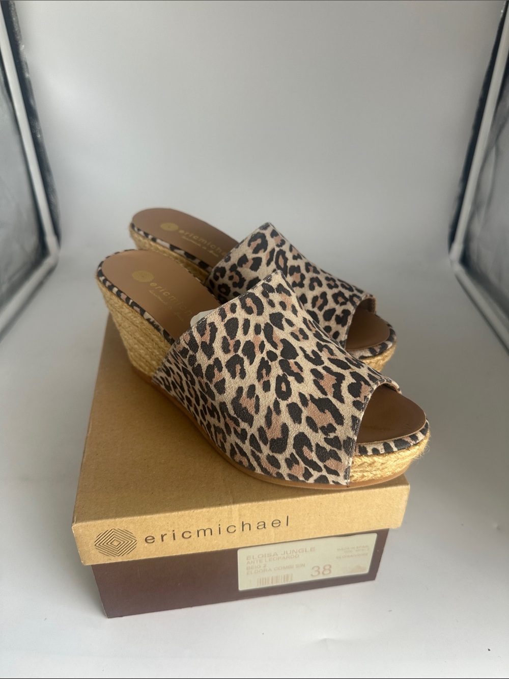 Eric Michael Leopard-Print Espadrille Wedge Slides - Tan/Black